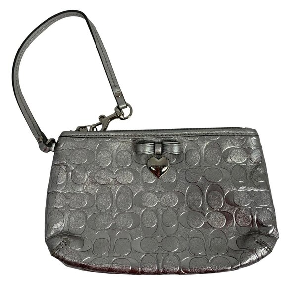 Coach Metallic Silver Corner Zip Wristlet Clutch Wallet Signature Leather Heart - Picture 1 of 11